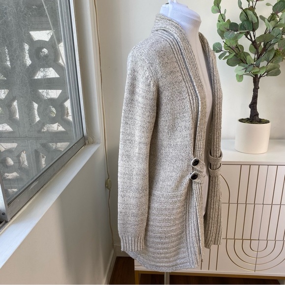 FORTUNE + IVY Longline Buckle Cardigan/ Coatigan in Heathered Oatmeal, Size S - Picture 4 of 9